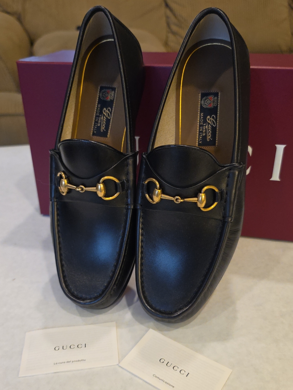 Gucci Black Leather Gold Horsebit Loafers